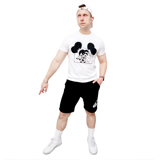 Male model wearing a white t-shirt with a Valentine Pill graphic design and black shorts on a white background.