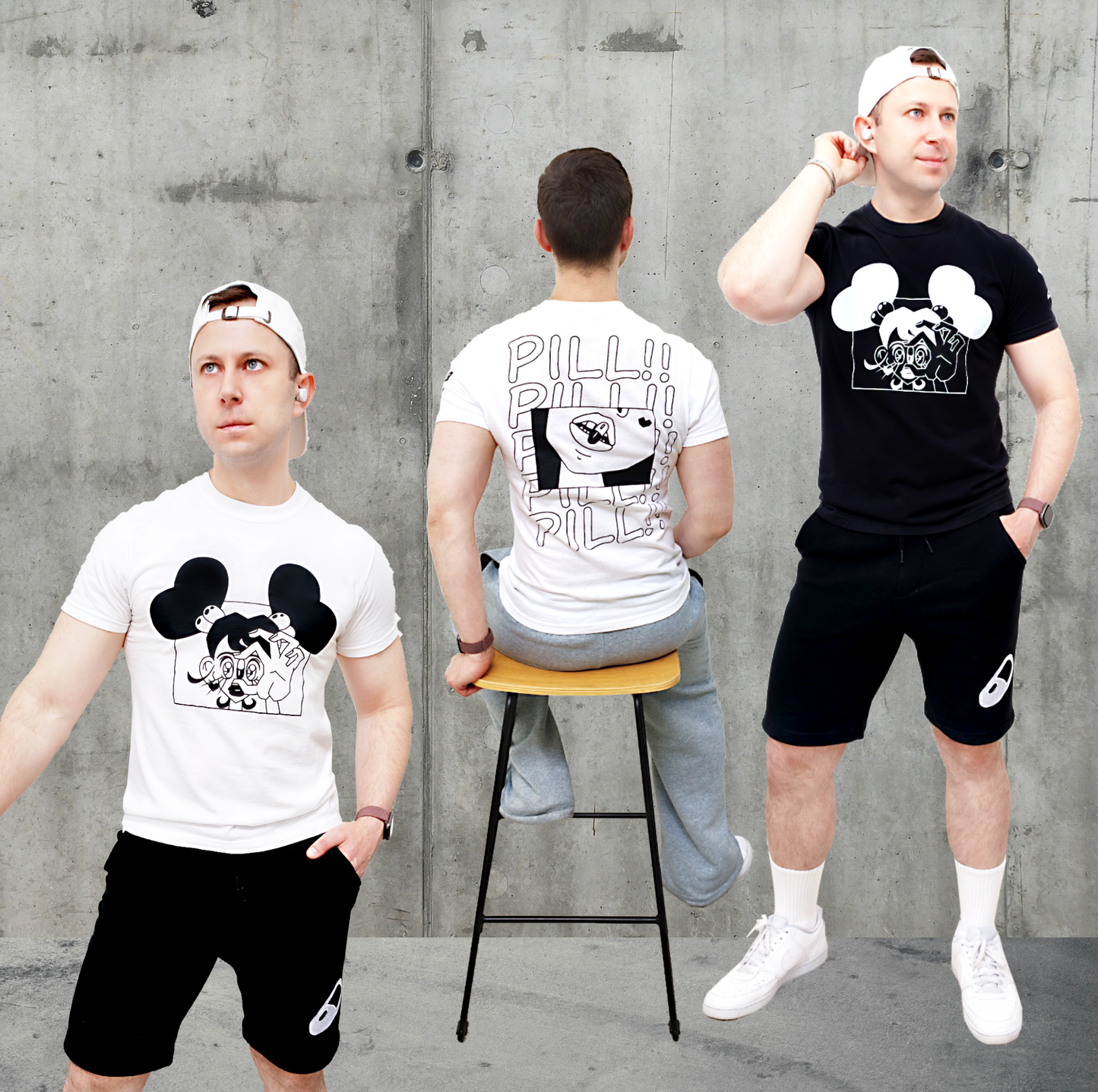 Collection 2 The Pill, three male models wearing differently styled t-shirts with graphic designs against a concrete wall.