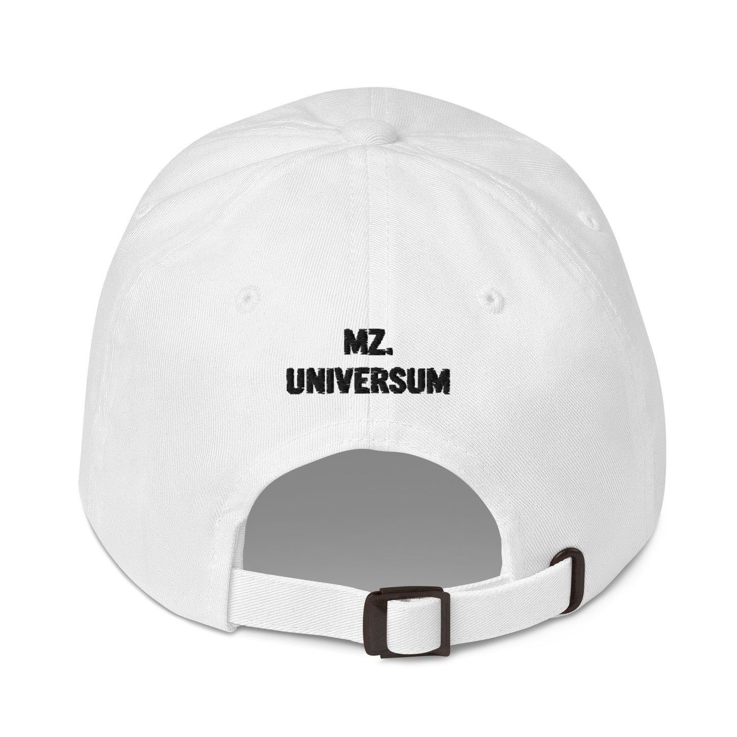 Back Image of the white dad hat with MZ UNIVERSUM (brand name) embroidery