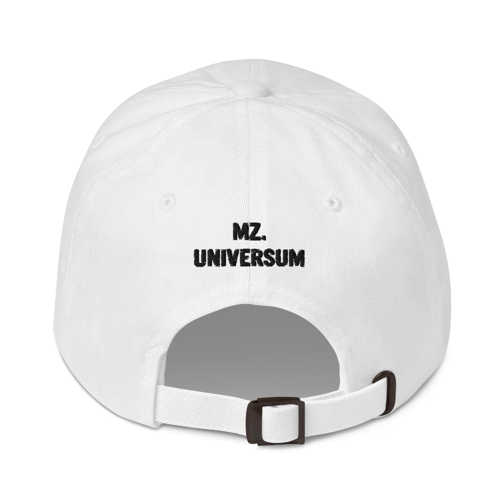 Back Image of the white dad hat with MZ UNIVERSUM (brand name) embroidery