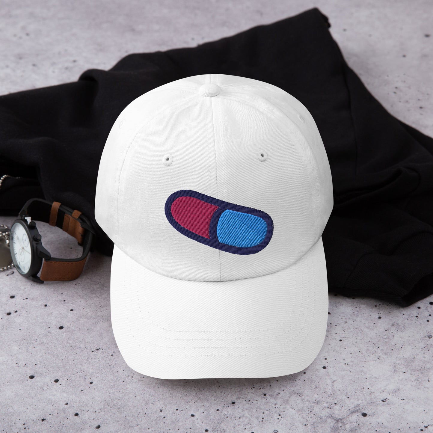 Lifestyle image of the white dad hat with magical pill embroidery