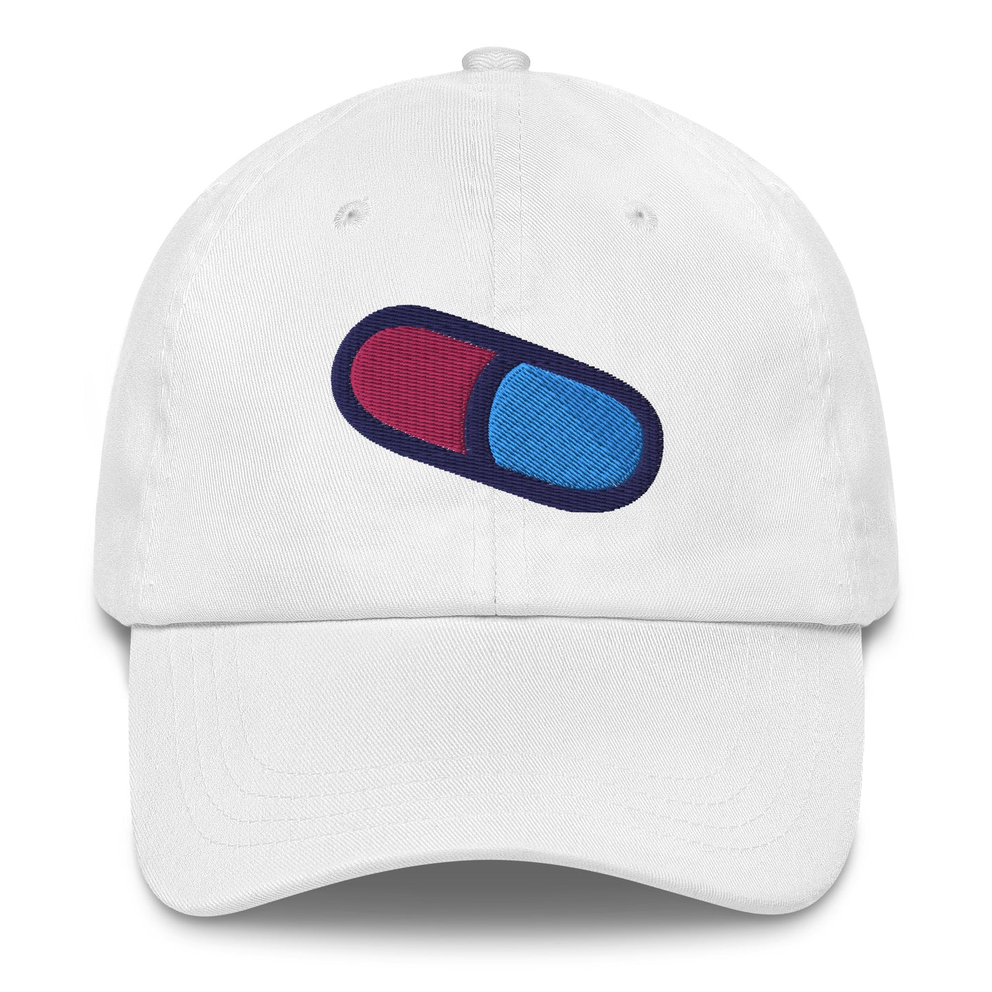 Front Image of the white dad hat with magical pill embroidery
