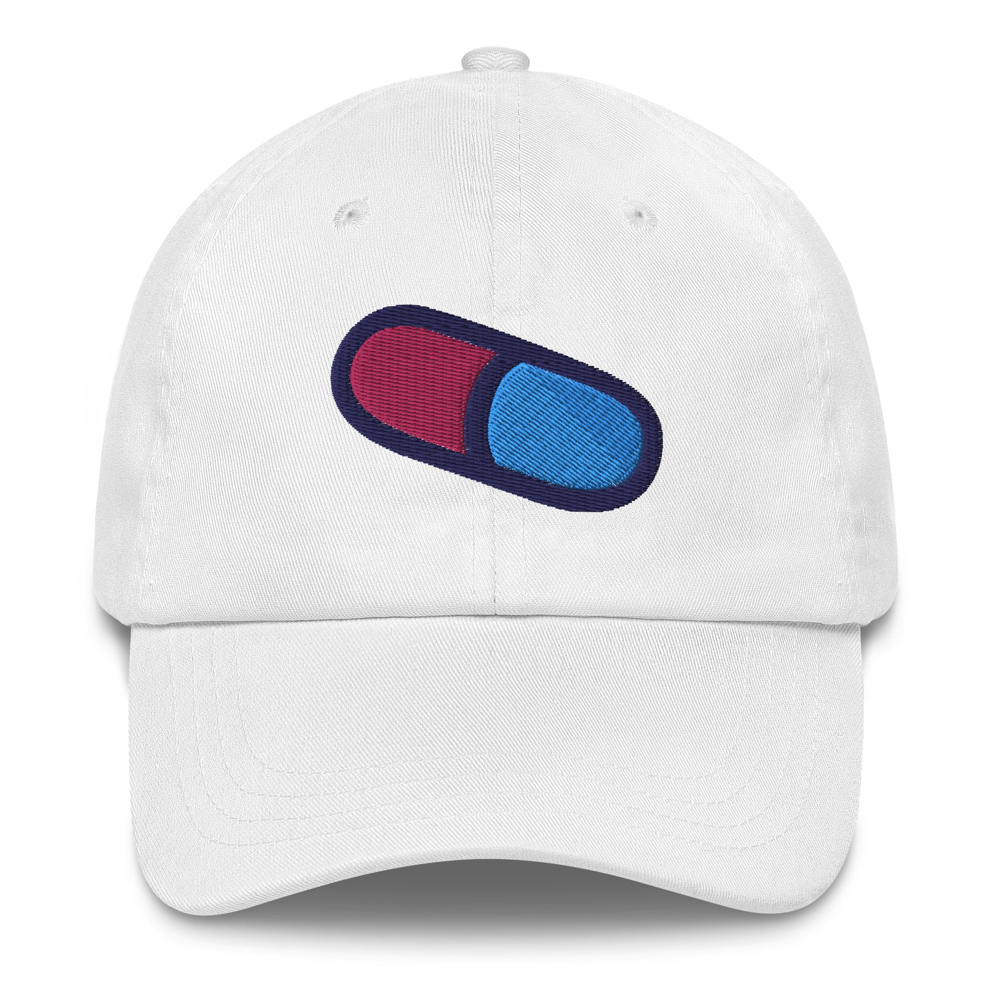 Front Image of the white dad hat with magical pill embroidery
