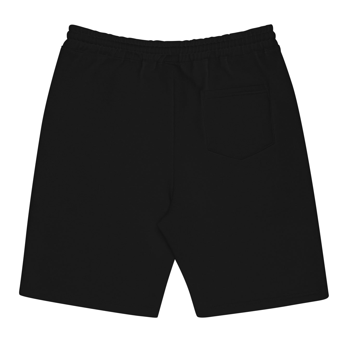 Flat lay of the back of the black fleece shorts, featuring a clean design with a single back pocket on the right side.