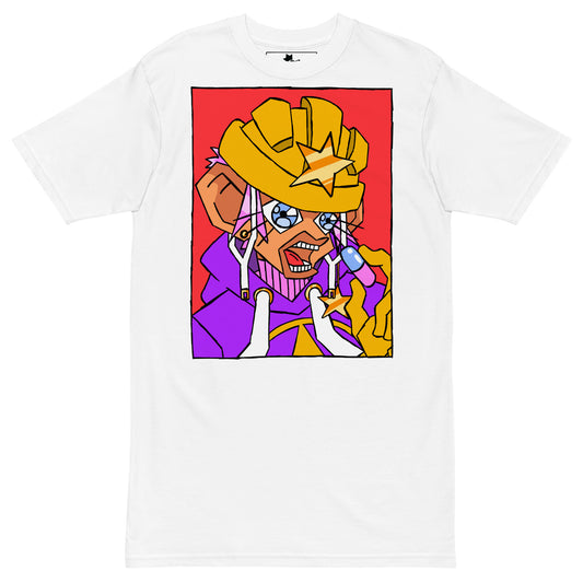 Front of the white unisex t shirt with a large colorful and bright graphic of a Mahou Shounen Star B-Side Kick holding magical pill