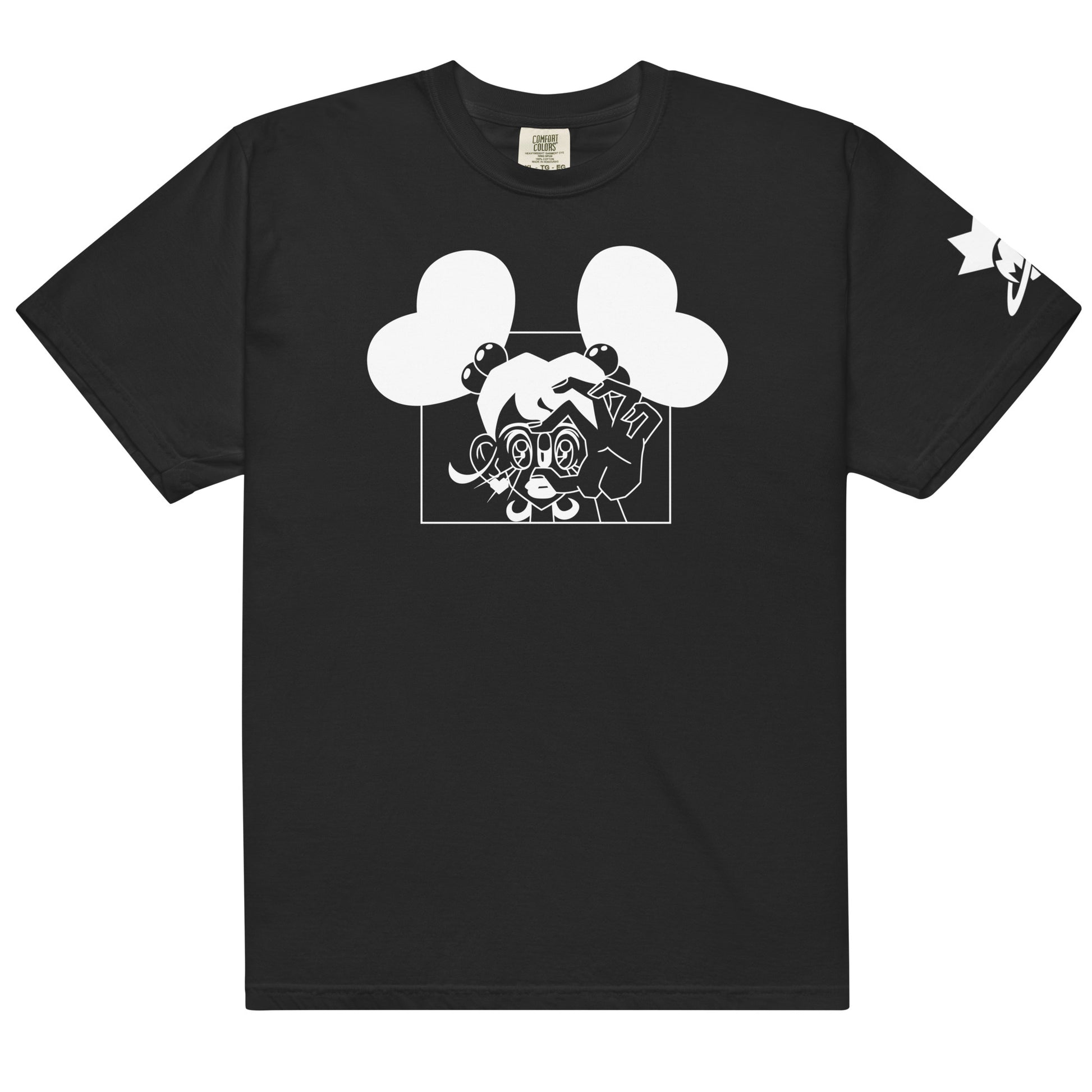 Black t-shirt displaying the same graphic of Girl Valentine holding a pill before her eye, printed on the chest for a striking contrast.