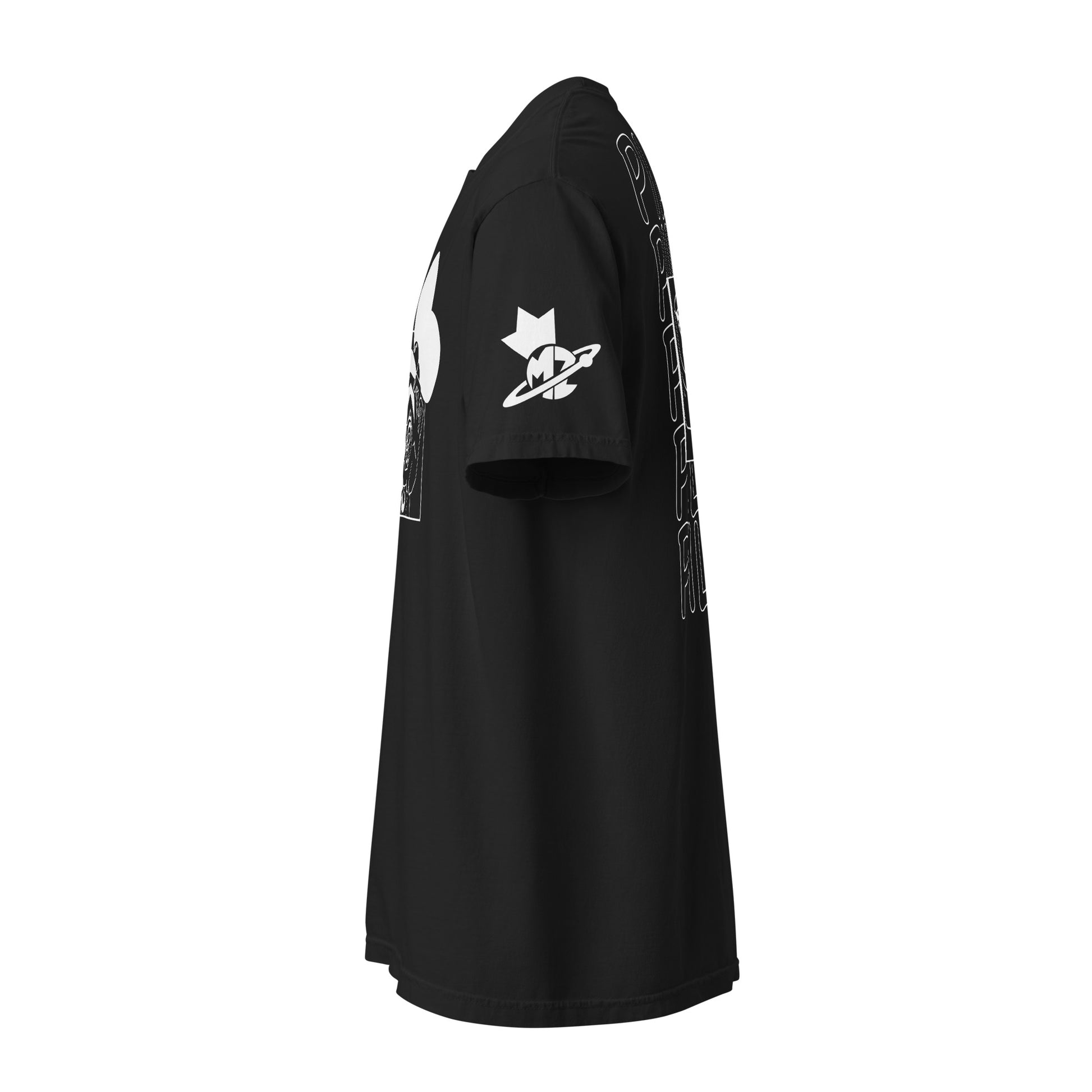 Close-up of the black t-shirt’s left sleeve showing the mz.universum logo—white celestial design inside a planet-like orb.