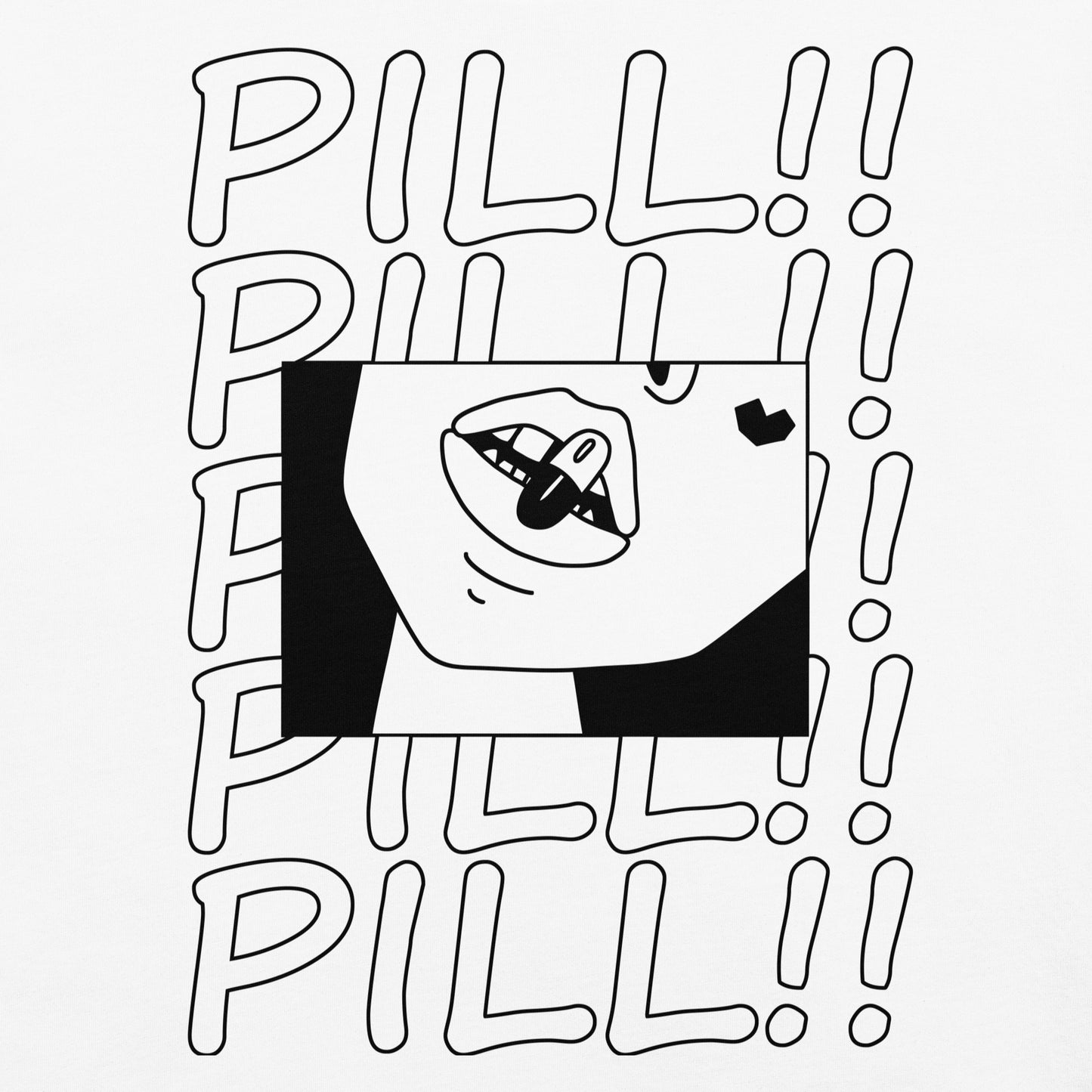 Zoomed-in anime-style artwork of glossy, parted lips holding a pill, with the bold, repeating text “PILL!!” in the background—symbolizing temptation and decision.