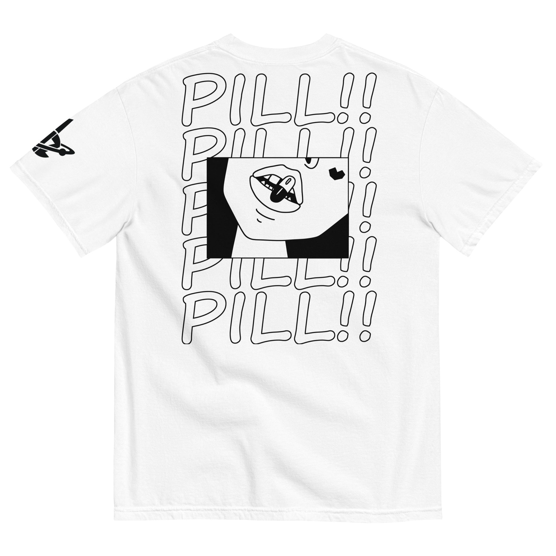Back of the white t-shirt featuring the word “PILL!!” in a repeated pattern and a close-up of Valentine’s glossy lips with a pill resting on them.