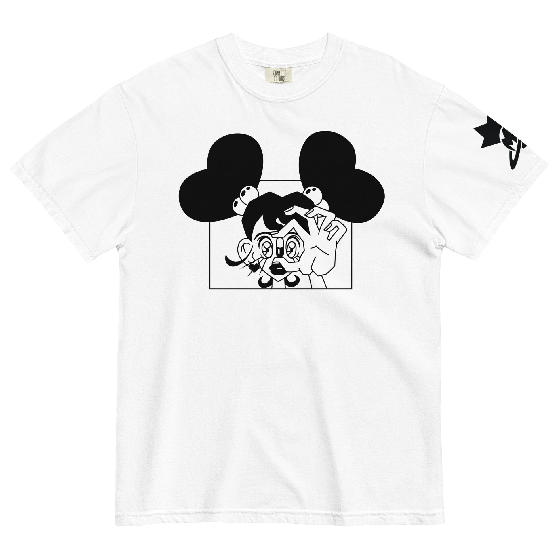 White t-shirt with a minimalist anime-style graphic of Girl Valentine holding a pill before her eye, printed on the chest.