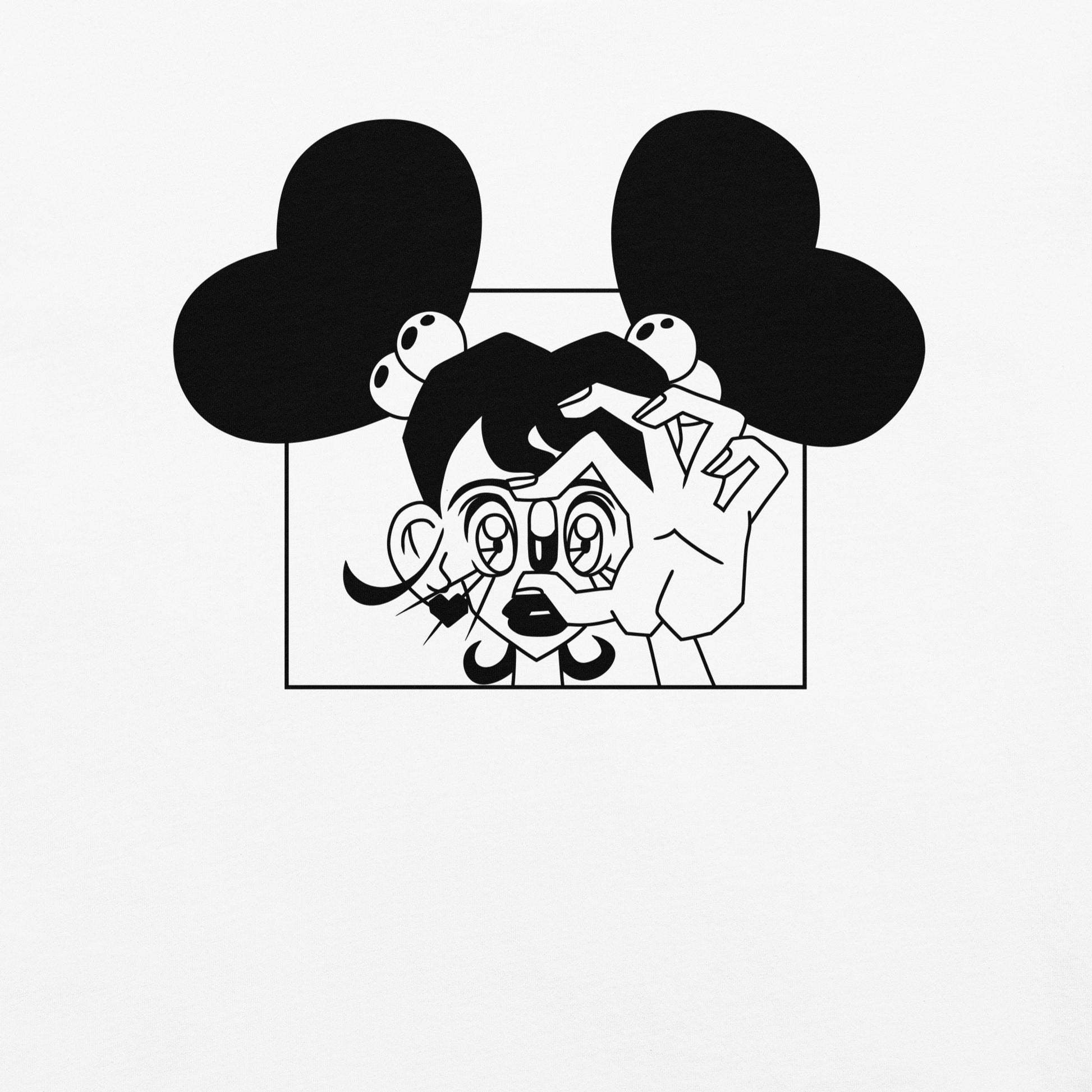 Illustration of Girl Valentine holding a glowing pill up to her eye, drawn in a bold anime style with clean lines, suggesting hesitation and transformation.