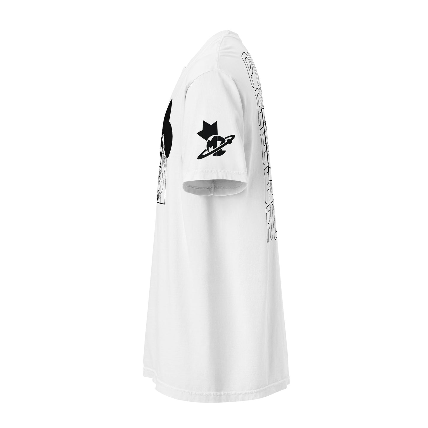 Close-up of the white t-shirt’s left sleeve showing the mz.universum logo—a stylized planetary orb with a celestial emblem inside.